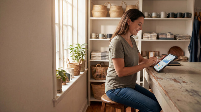 Woman reviewing business charts on tablet at home office
