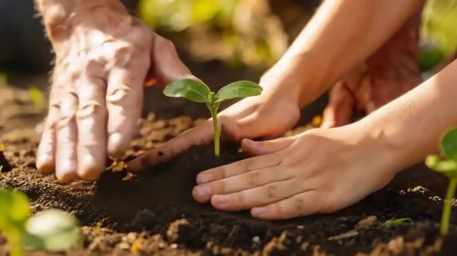 Adult and child hands placing seedling into hole in garden bed, pressing soil to secure plant