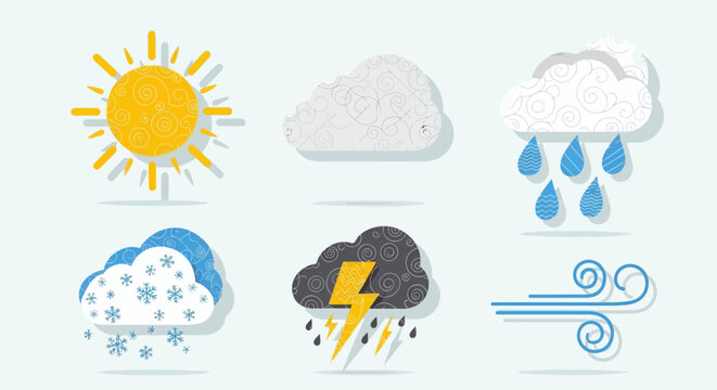 Collection of Weather Icons Featuring Sun, Snow, Clouds, Lightning, Rain, and Wind, Representing Different Atmospheric Conditions