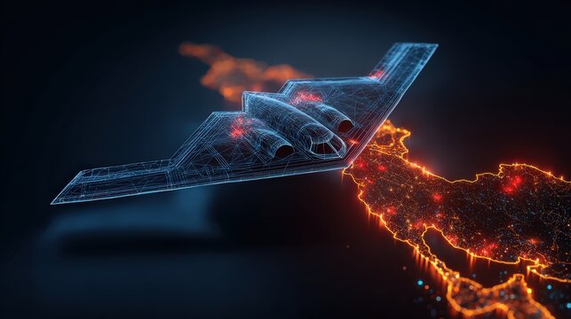 A striking digital illustration depicts a stealth bomber soaring above a digitalized world map. ..Created with Generative AI, not depicting real subjects.