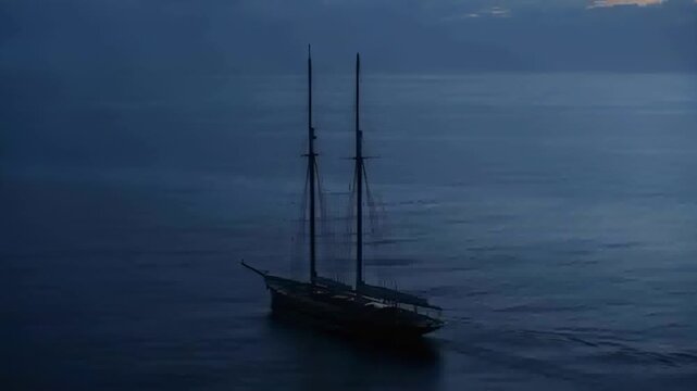 Moving two-masted schooner traversing calm sea at twilight with furled sails, propelled by breeze