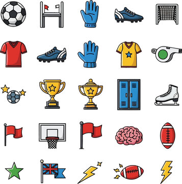 Colorful sports equipment icons set isolated on transparent background soccer football basketball hockey and more