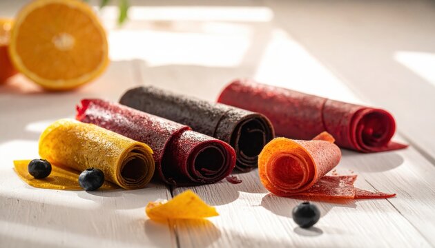 Colorful assortment of rolled homemade fruit leathers made from pureed berries and various fresh fruits arranged on a rustic wooden table for a healthy snacking presentation.