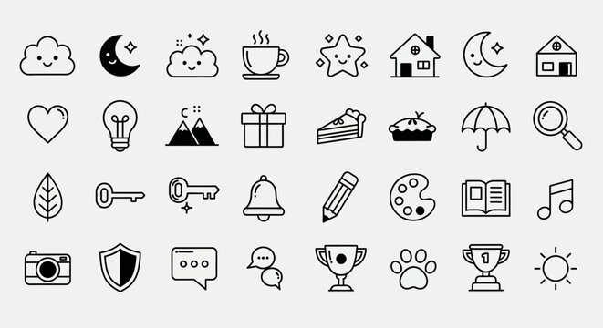 Collection of delightful minimalist icons representing a variety of everyday objects and concepts, perfect for digital and print design projects