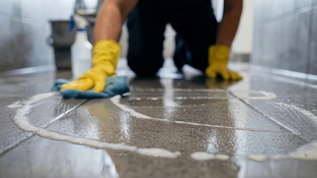 Professional cleaner scrubbing wet floor tiles with soapy water