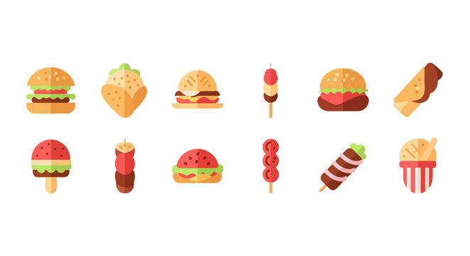 Collection of colorful flat icons representing various delicious fast food items and treats, perfect for culinary themes and branding