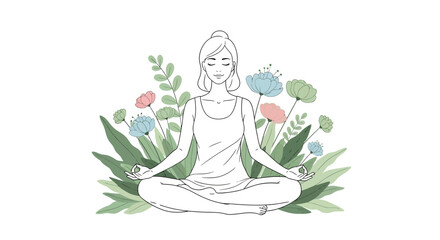 Obraz premium Woman meditating in lotus position surrounded by flowers and leaves