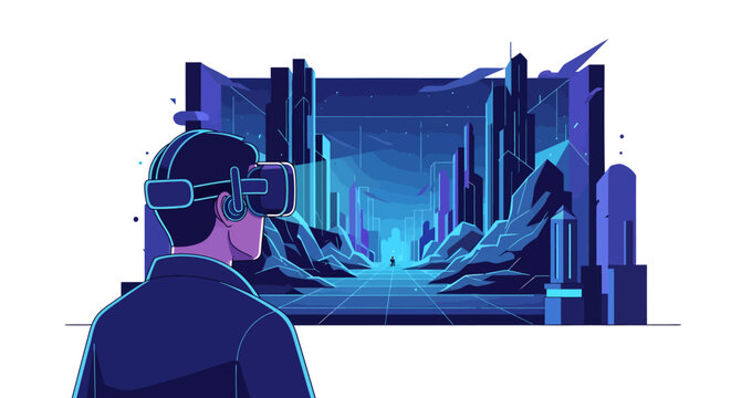 Man wearing VR headset experiencing virtual reality world