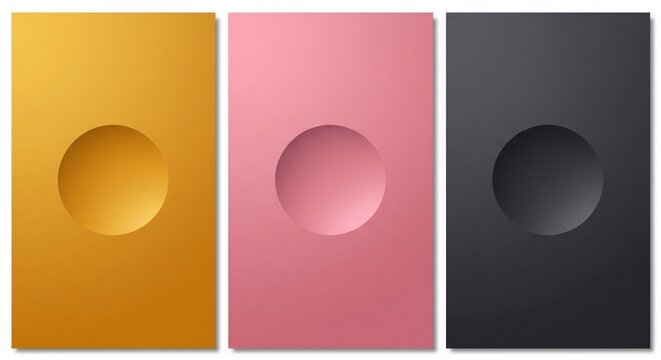 Three abstract modern geometric panels with circular embossed indentations in gold pink and charcoal colors