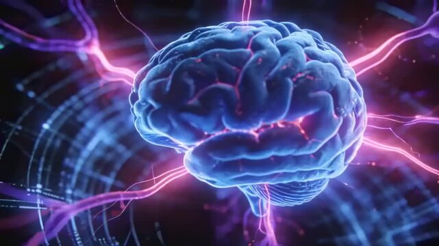Rotating 3D brain getting pulse in virtual tunnel and sending data via tendrils, beam for computing