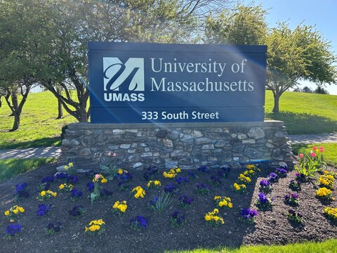 University of Massachusetts Medical School Sign, 333 South St, Shrewsberry, Worcester, Massachusetts, MA USA. Medical, Graduate, Nursing Programs. Research and Education in Health Sciences.