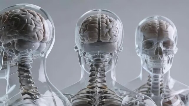 Panning camera circling three clear head models in studio, showing brains, skulls, cervical spines