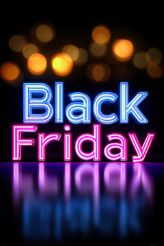 A neon sign shows the words Black Friday in bright colors. The design features a dark background with a glowing effect and bokeh lights creating a shopping atmosphere