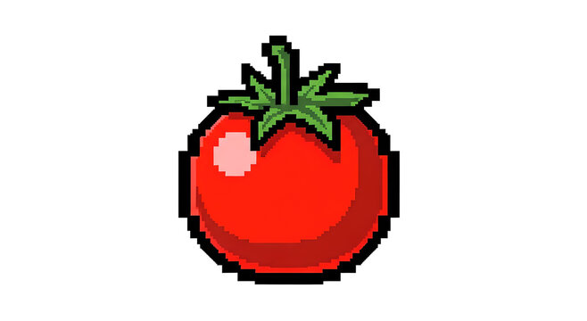 A single red pixel art tomato with a green stem on a white background.