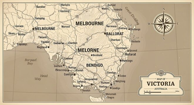 Vintage map of victoria australia showing cities and regions