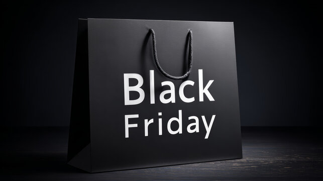 A black paper bag with clear lettering for Black Friday sits on a dark surface, capturing the excitement of shopping events and holiday sales