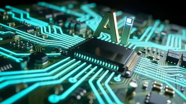 Pushing camera forward, microchip and AI letters coming into focus on PCB, showing energized traces