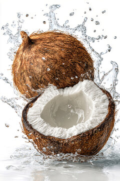 Coconut opens with splashes of coconut water around it, showing the white fruit inside against a clean white background in a realistic style