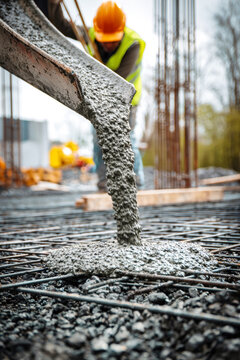 A worker pours fresh concrete at a construction site in the city. Steel rebar is visible on the ground. Trucks and equipment are in the background