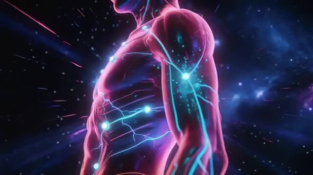 Shifting camera revealing pulsing neon torso in space with cyan conduits and nodes showing activity