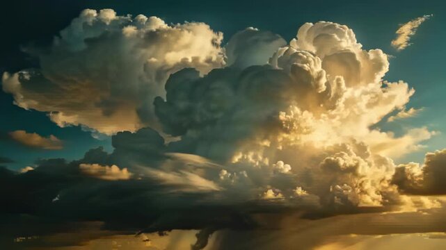 Growing cumulonimbus cloud driven by updrafts forming turrets and lowering rain shaft at horizon