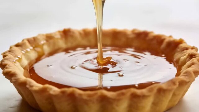Tilting spoon pouring thick caramel into fluted pastry tart shell on marble counter, filling tart