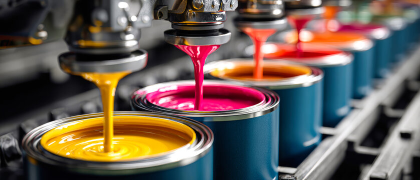 Cans are being filled with colorful paint on the production line at a factory. This process serves the decorative and food industries efficiently