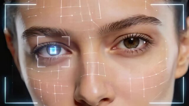 Starting facial scan, adult female following white focus target in studio for ID, scan square, grid