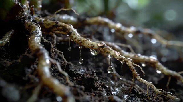 Shedding droplets, thin roots releasing beads on moist soil after watering, with visible root hairs