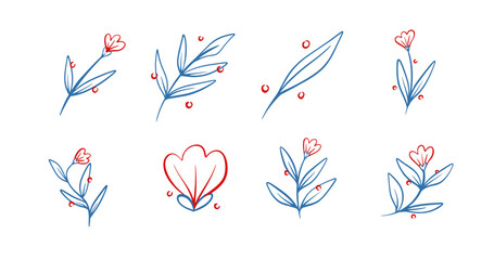 Hand-drawn floral element set with minimalist blue lines and red accents. Perfect for botanical patterns, greeting cards, and organic branding designs © Wahyu
