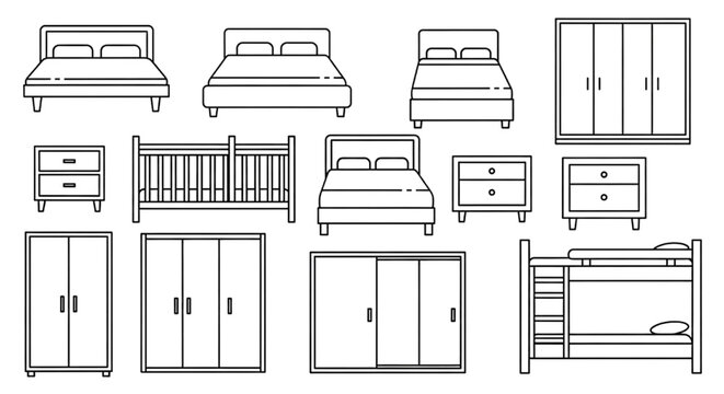 Bedroom Furniture CAD Blocks Elevation Set with Beds, Wardrobes, Nightstands and Bunk Bed Layout Elements