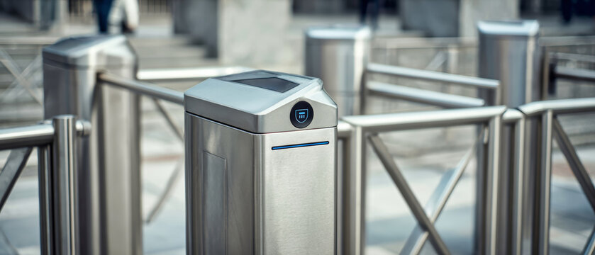 Close-up view of a turnstile in a bank. A smart pass is shown in front of the angular metal device. The turnstile has a shiny finish and LED lights
