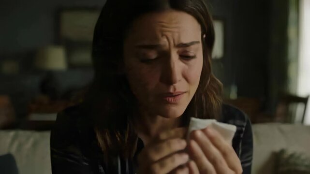 Tears falling, woman in dark shirt wiping face with tissue on sofa at home drying tears