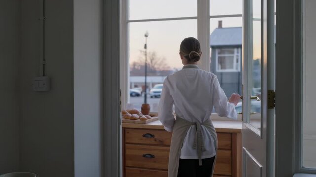Reaching handle, baker at shop in coat, apron opening glass door, arranging rolls outside for sale