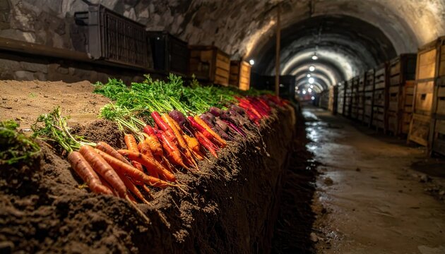 Fresh root vegetables including carrots and beets stored inside a dimly lit stone cellar for traditional preservation in a long damp underground tunnel during the harvest season.
