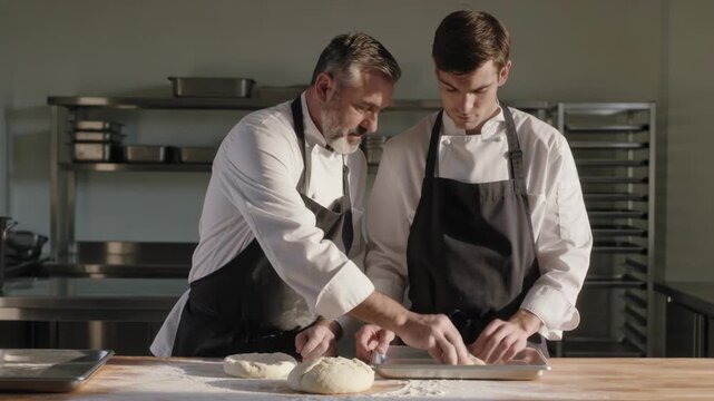 Shaping senior chef dividing dough training junior chef holding tray at bakery wearing white coats