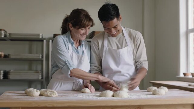 Shaping woman baker teaching male trainee at bakery bench with dough balls after glance in aprons