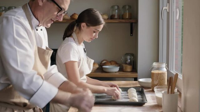 Pressing chef in white jacket leaning guiding student placing rolls at counter by window, with jars