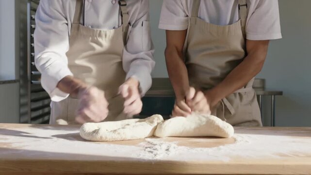 Starting with dough on floured table, mentor guiding trainee wearing beige aprons shaping loaves