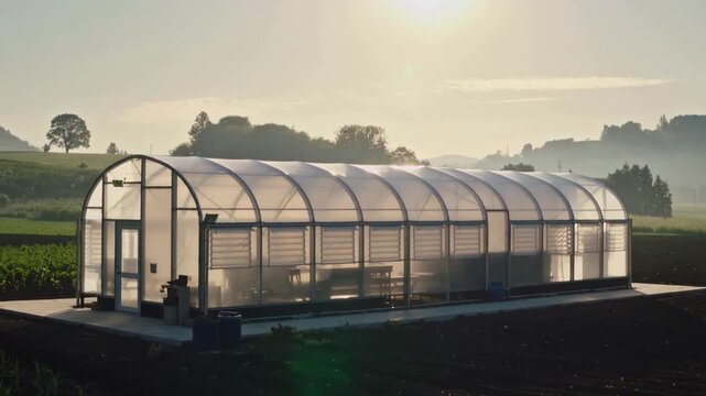 Rising sun bathing polytunnel on concrete base, lifting haze, revealing benches and utility box