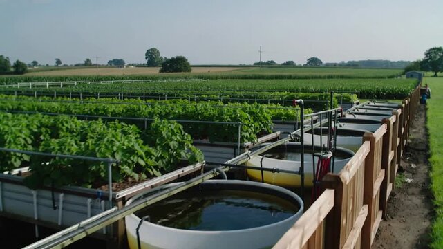 Tracking camera moving right along wooden fence at farm, revealing aquaponic beds, tanks, faucet