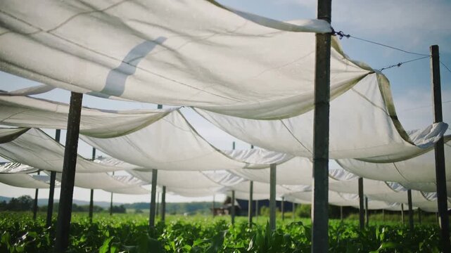 Billowing hung shade cloth canopy rippling by breeze above crop rows at farmland, protecting plants