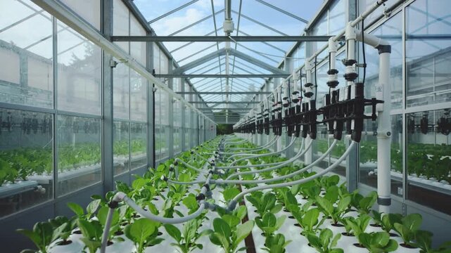 Advancing camera revealing central hydroponic raft in glass greenhouse aisle, showing tubing