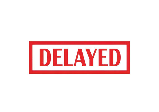 Red delayed stamp with bold white text isolated on transparent background