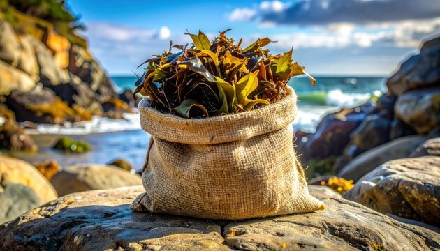 A rustic burlap sack filled with freshly foraged sea vegetables like kelp and dulse placed on a rocky shore overlooking the beautiful ocean.