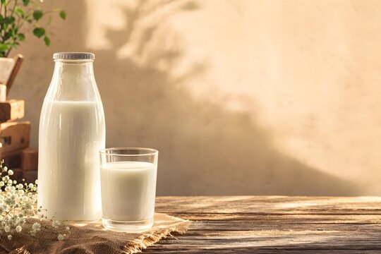 Fresh Farm Milk in Glass Bottle and Cup on Wooden Table
