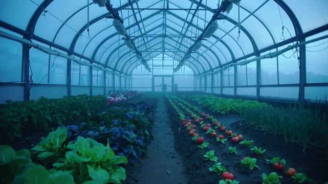 Tracking camera gliding down greenhouse walkway, revealing arched ribs, misty doorway and seedlings
