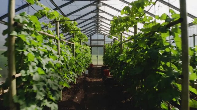 Moving camera approaching greenhouse along garden path, documenting trellised plants, shovels
