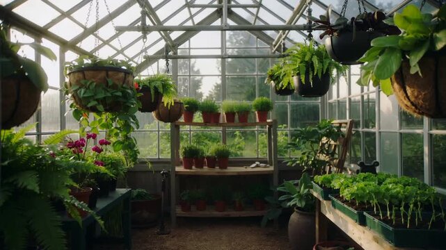 Moving camera revealing backyard greenhouse interior, capturing hanging planters and seedling trays