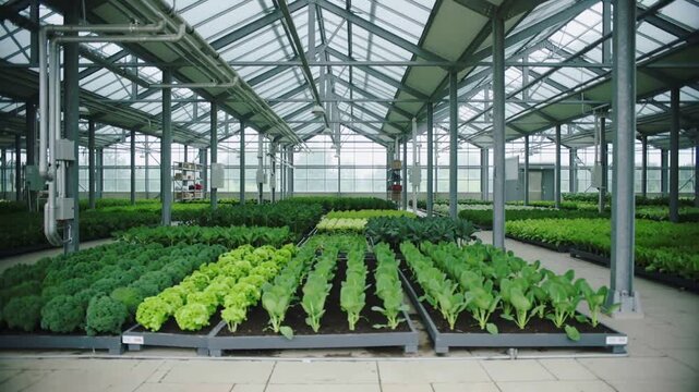 Rolling dolly pushing camera forward revealing leafy greens in greenhouse, with tray labels